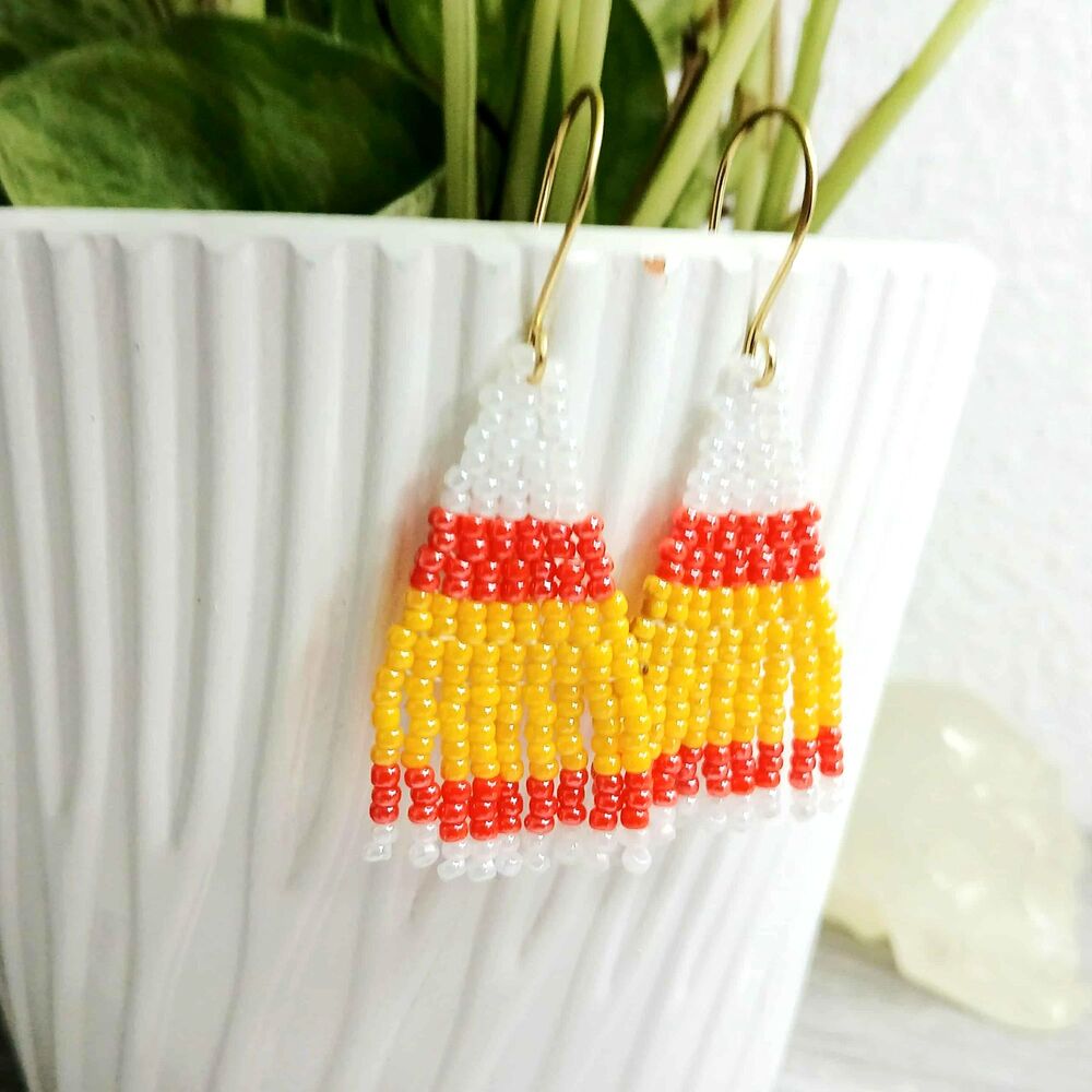 BOGO EARRINGS Candy Corn Beaded Fringe Cascade Dangle Earrings, 2"
